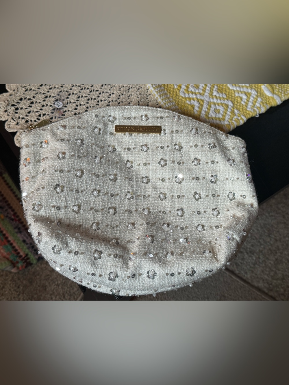 Vince Camuto Ivory Beaded Cosmetic Pouch
